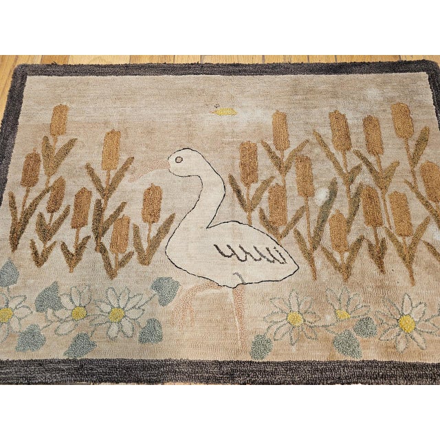 Tan Vintage American Hand Hooked Rug, Bird and Flowers Design, Folk Art Tapestry, 3x4 For Sale - Image 8 of 12