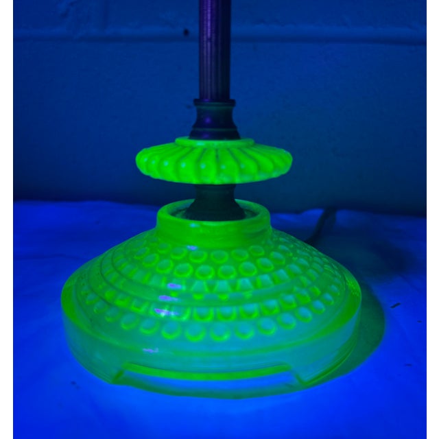 Brass Antique Brass Green Blacklight Glowing Vaseline Glass Electric Table Lamp For Sale - Image 8 of 11