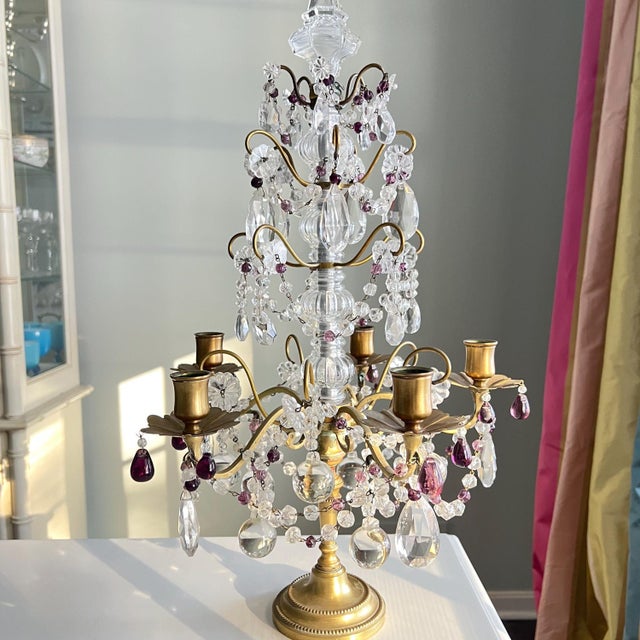 1920s 1920s Beautiful 5-arm French Girandole crystal candelabra with purple accents // table chandelier // brass and crystal candle holder // amethyst For Sale - Image 5 of 12