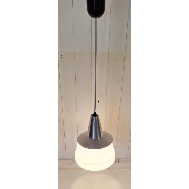 Vintage Ceiling Lamp with Aluminum Mount and White Glass Shade, 1970s For Sale - Image 3 of 8