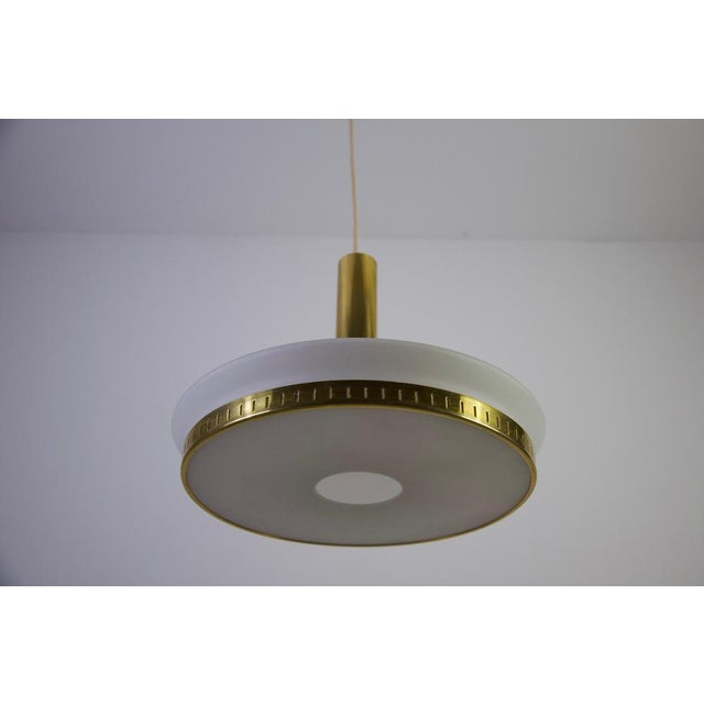 1960s Mid-Century Brass and Opal Glass Ceiling Lamp attributed to Stilnovo, Italy, 1960s For Sale - Image 5 of 11