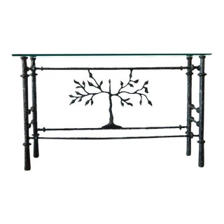 1970s Giacometti Style Aluminum and Glass Console Table For Sale