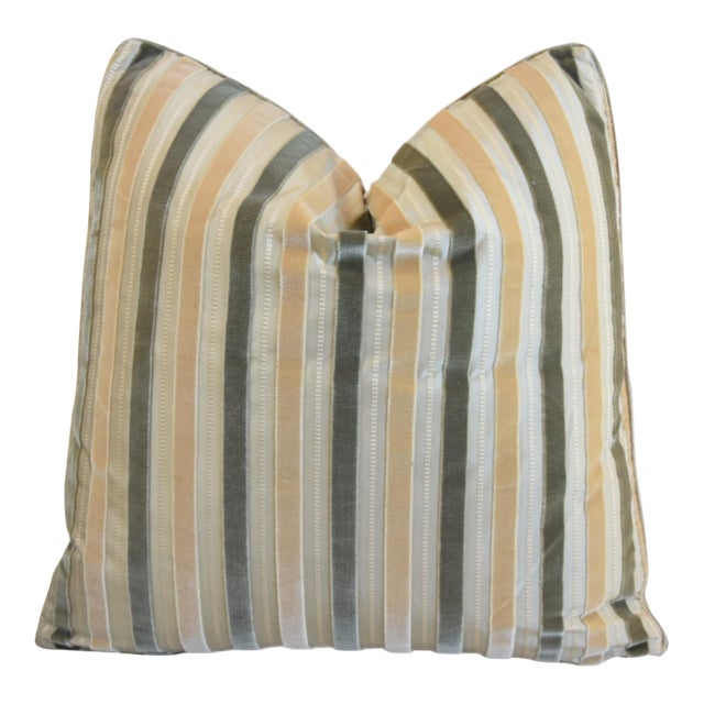 Designer Green & Gold Stripe Velvet Feather/Down Pillow For Sale