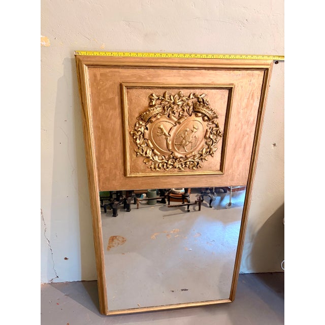 Vintage French Louis XVI Style Giltwood Trumeau Mirror With Heraldic Crest For Sale - Image 9 of 12