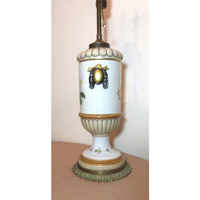 19th Century Rare Antique 1800's Hand Painted Pottery Brass Porcelain Electrified Oil Lamp For Sale - Image 5 of 11