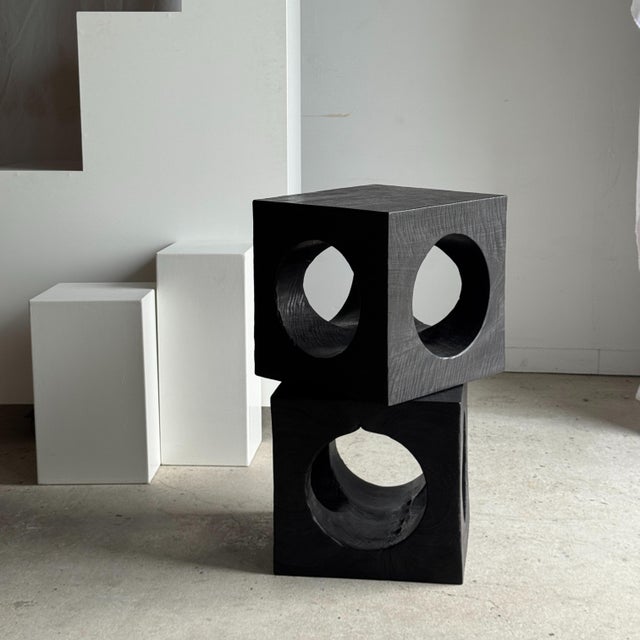 Coffee table, side table, stool, or openwork cubic side table made of solid black wood (mango). Elegant, minimalist...