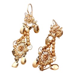 Gold Filigree Earrings with Cutouts and Hinged Pendants, Set of 2 For Sale