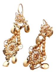 Gold Filigree Earrings with Cutouts and Hinged Pendants, Set of 2