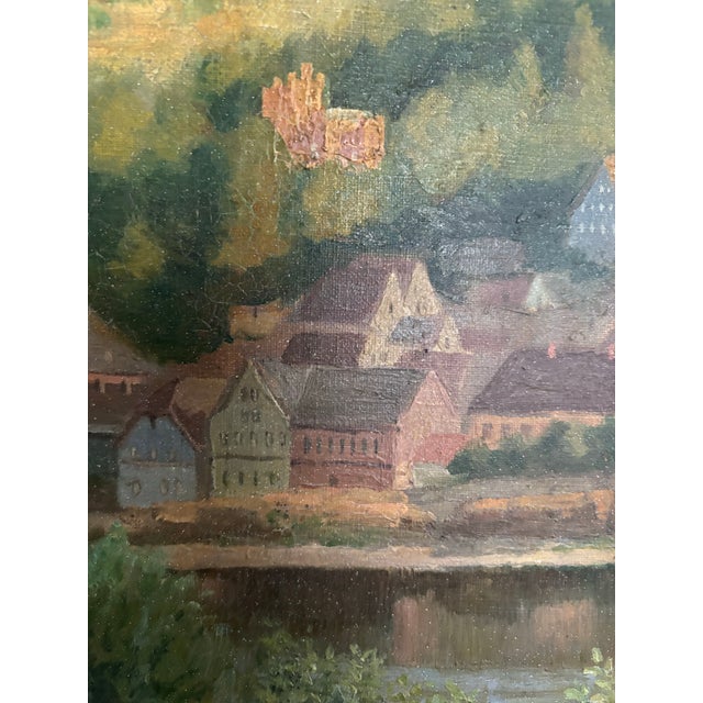 Antique oil painting depicting a European village scene with figures in a rural landscape. Featuring realistic depictions...