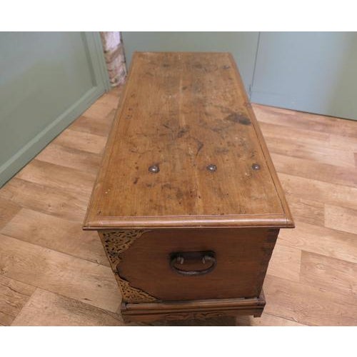 Carved Elm Coffer with Pierced Brass Decoration For Sale - Image 6 of 7