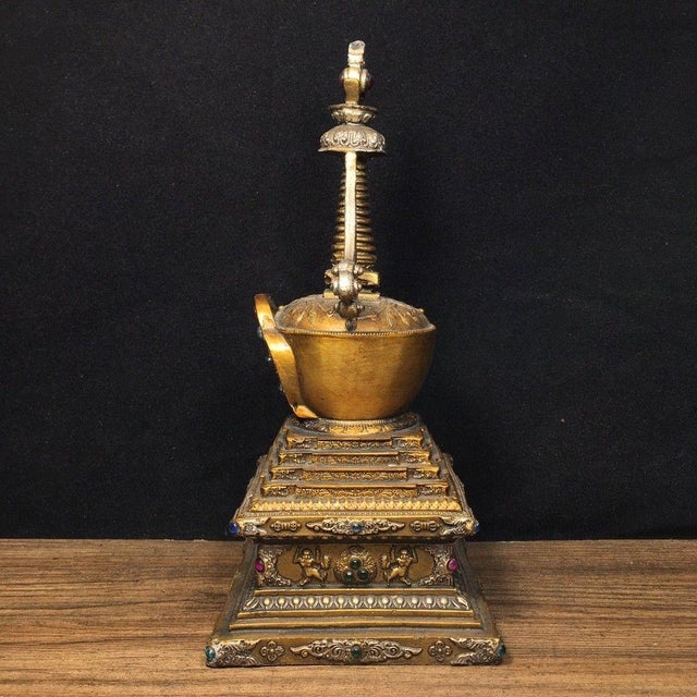 Mid 20th Century Vintage Tibetan Gilt Bronze Stupa - Buddhist Reliquary Pagoda With Gemstone Inlay For Sale - Image 5 of 9