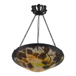 1925 Large French Art Deco Pendant Light by Daum & Majorelle - Cameo Chandelier France For Sale