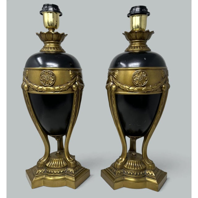 English Antique Vintage Pair Cobalt Blue Gold Bronzed Porcelain Electric Table Lamps For Sale - Image 3 of 8
