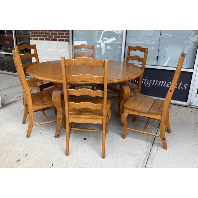 7 Piece Solid Pine Farmhouse Style Round Dining Set For Sale - Image 4 of 18