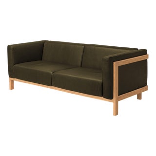 LIFT Minimalist Three-Seater Sofa in Oak Wood and Bosco Leather Seat by Julien Renault For Sale