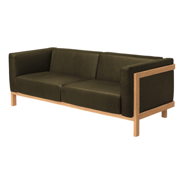 LIFT Minimalist Three-Seater Sofa in Oak Wood and Bosco Leather Seat by Julien Renault For Sale