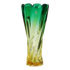 Murano Vintage Sommerso Green Golden Yellow Italian Art Glass Decorative Ribbed Swirl Flower Vase
