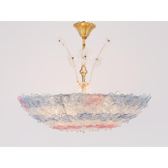 Mid-Century Modern 1950s Murano Glass Floral Barovier & Toso Blue Clear Pink Flower Basket Chandelier For Sale - Image 3 of 12