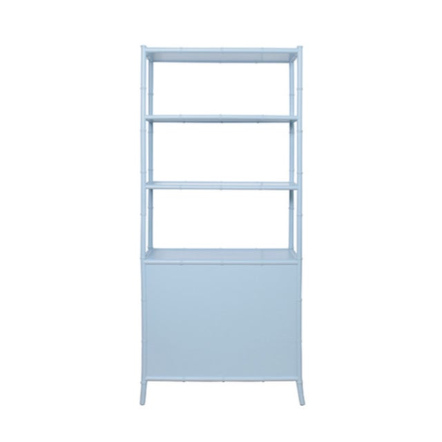 Wood Matthew Izzo Home Flynn Light Blue Grasscloth and Matte Lacquer Bamboo Profile Three Drawer Open Shelf Etagere With Acrylic and Brass Bar Handles For Sale - Image 7 of 10