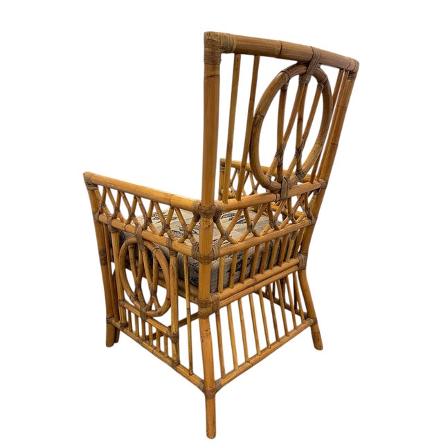 Late 20th Century Palecek Rattan Armchair With Custom Leaf Upholstery, Campaign, Coastal, Boho For Sale - Image 5 of 12