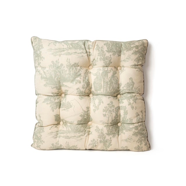 A beautiful handcrafted decorative pillow labeled “Diana Pillow”, made with natural linen and vintage-style toile fabric....