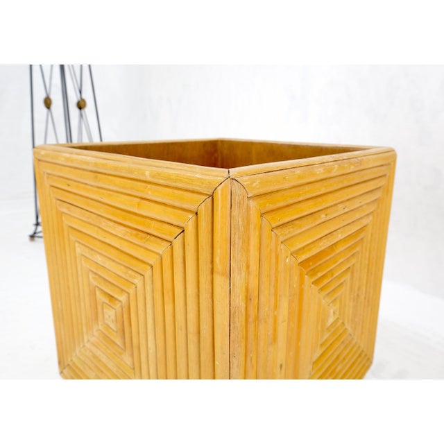 Yellow Mid-Century Modern Reed Bamboo Rattan Square Cube Shape Planter Stand on Wheels For Sale - Image 8 of 12