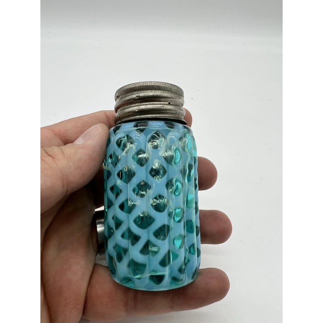 Antique Blue Lattice Blown Glass Salt or Pepper Shaker by Northwood, Circa 1890-1910's For Sale - Image 4 of 9
