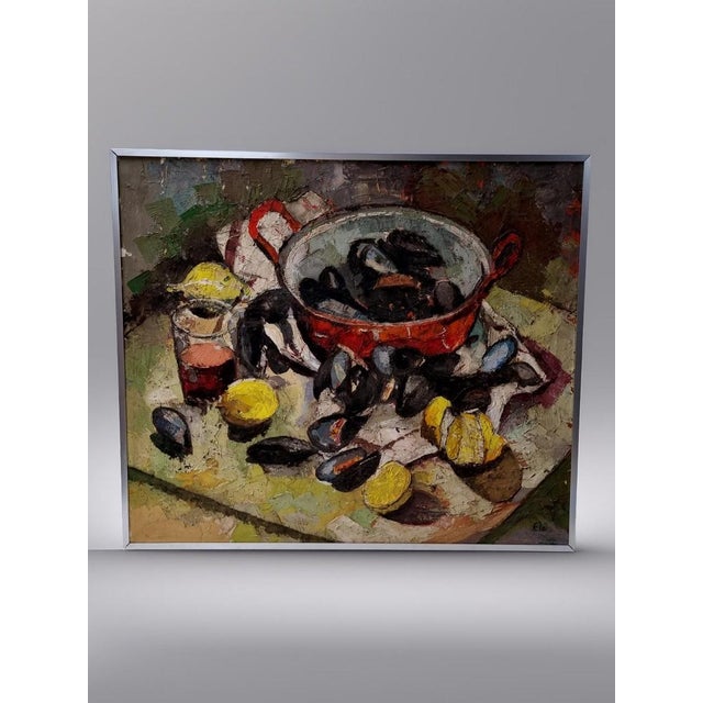 Still life painting, pan with mussels and lemons, around the 1970s Beautiful decorative abstract oil painting on canvas,...