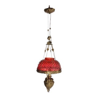 Antique Cranberry Hobnail Glass & Brass Hanging Light, Electrified, C1900 For Sale