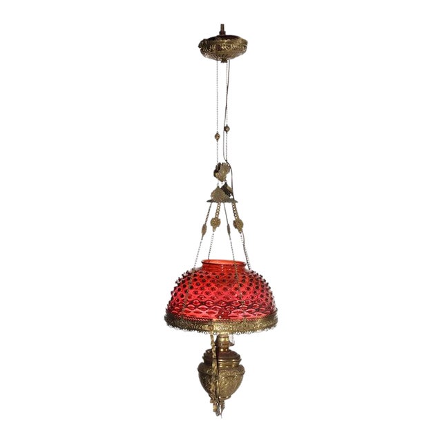 Antique Cranberry Hobnail Glass & Brass Hanging Light, Electrified, C1900 For Sale