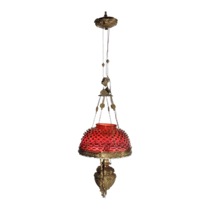 Antique Cranberry Hobnail Glass & Brass Hanging Light, Electrified, C1900