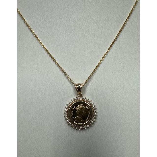2020s Queen Elizabeth Isle of Man Gold Coin Necklace with Diamond Halo 16" For Sale - Image 5 of 7