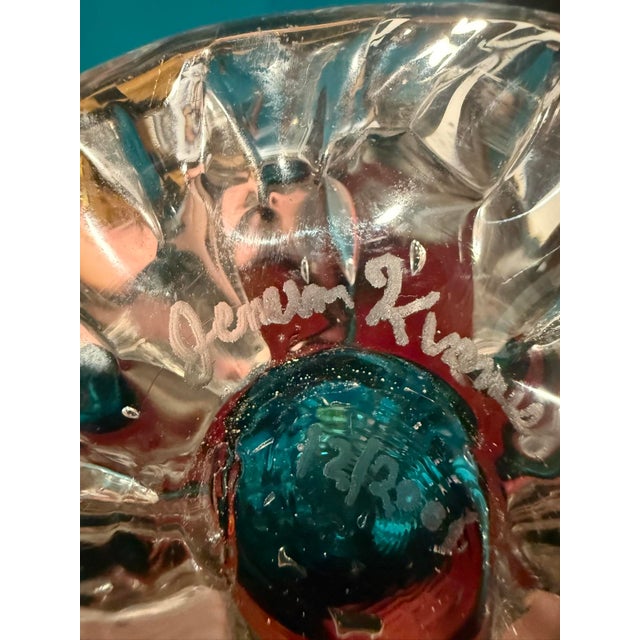 Signed Studio Art Glass Vase Teal and Flame Spatter Pulled Foot 2001 For Sale - Image 6 of 8