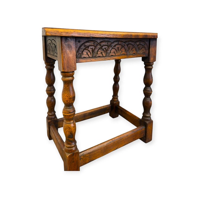 Antique Welsh Carved Wooden Joint Stool Side Table With Turned Legs Uk Import For Sale - Image 4 of 8