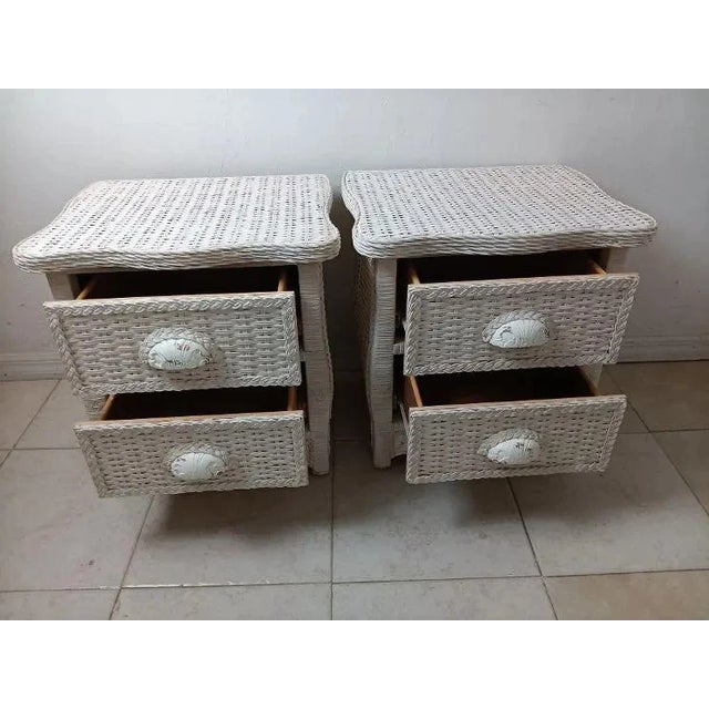 Vintage White Wicker Rattan Nightstand Two Drawer Set of 2 For Sale In Naples, FL - Image 6 of 7
