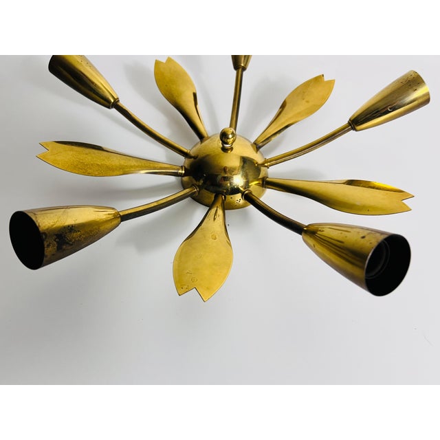 Italian Midcentury Brass 5-Arm Sputnik Chandelier, 1950s For Sale - Image 11 of 11