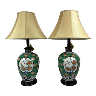 Pair of Chinese Porcelain Green & Coral Vases With Floral Decoration Mounted as Table Lamps, Chinese 20th Century For Sale