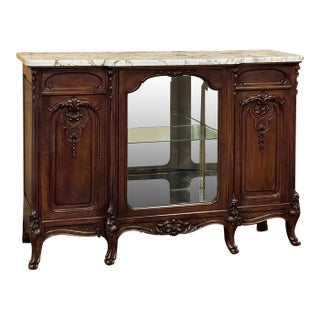 19th Century French Louis XIV Marble Top Walnut Display Buffet For Sale