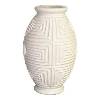 Global Views Monumental Sculptural White Ceramic Vase, Geometric Relief, 23” For Sale