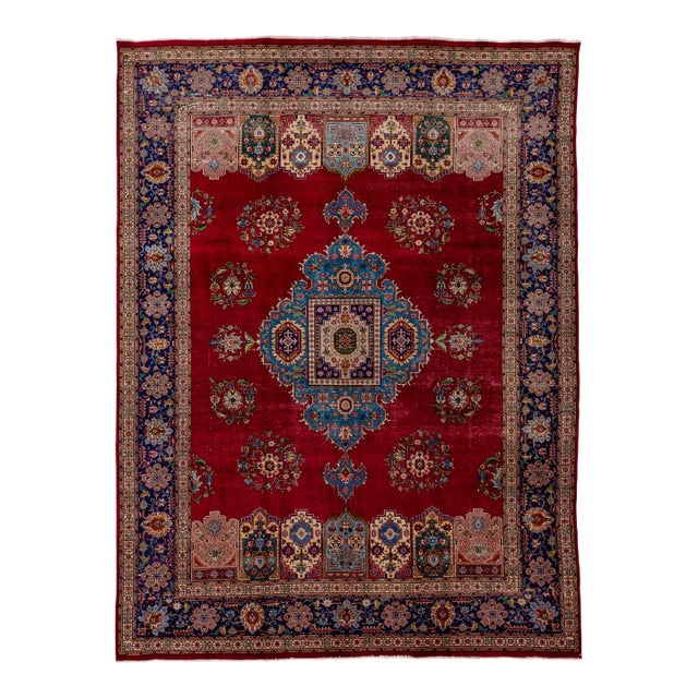 1950s Red Tabriz Persian Wool Rug Handknotted With a Center Medallion Design For Sale