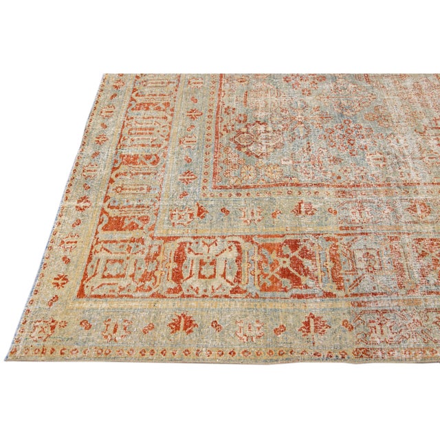Antique Tabriz Blue and Rust Handmade Allover Pattern Persian Wool Rug For Sale - Image 4 of 10