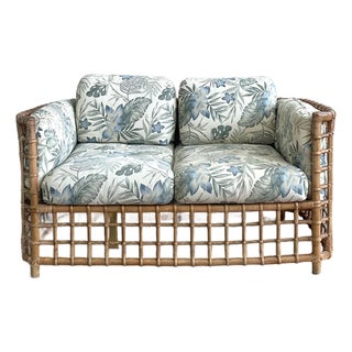 Vintage Boho Grid Rattan Loveseat After Henry Olko For Sale