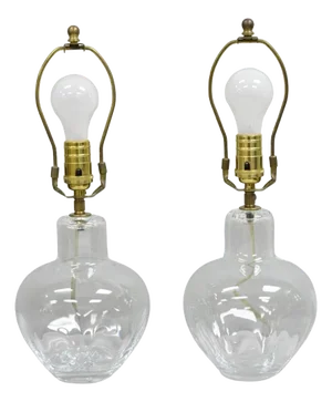 Vintage Simon Pearce Shelburne Modern Handblown Glass Vase Small Table Lamp Pair