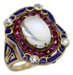 Late 19th Century Victorian Moonstone Ruby Diamond and Enameled 14k Gold Ring Size 5.25