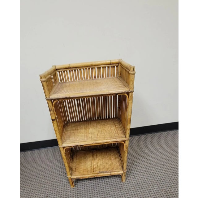 Mid-Century Bohemian Split Bamboo Rattan Wicker Low Bookcase Etagere For Sale - Image 11 of 13