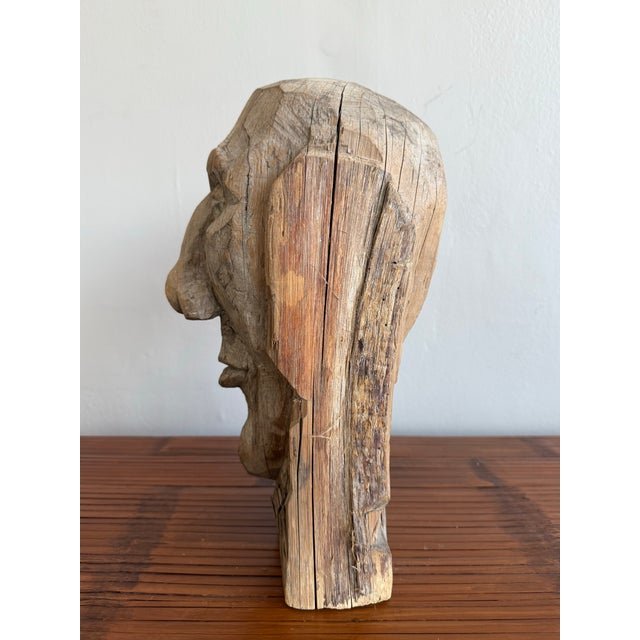 Late 20th Century Primitive Boho Hand-Carved Wood Bust For Sale - Image 5 of 5