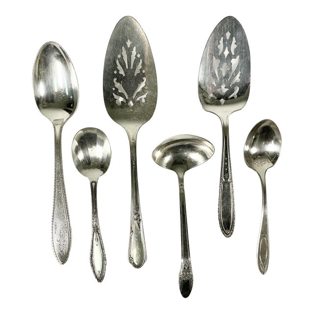 Mid 20th Century Boho Chic Hollywood Regency Silverplate Serving Utensils - Set of 6. For Sale