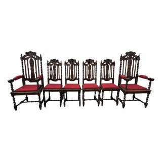 Victorian Jacobean Revival Carved Oak Dining Chairs, 1890s, Set of 6 For Sale