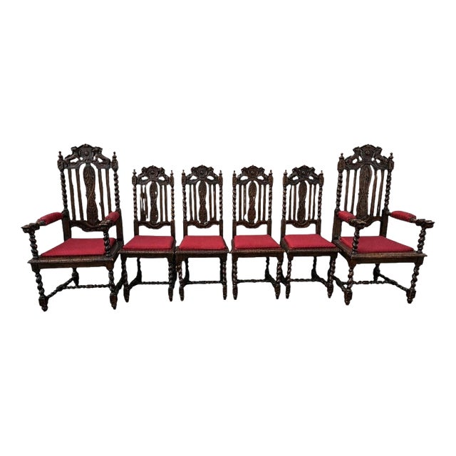 Victorian Jacobean Revival Carved Oak Dining Chairs, 1890s, Set of 6 For Sale