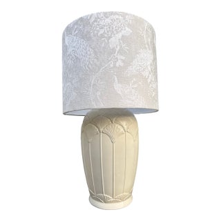 Vintage 1940s White Art Deco Ceramic Table Lamp — Custom Peacock Silk Shade, Hollywood Regency For Sale